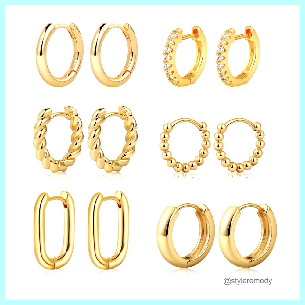 6 Pair 14K Gold Plated Huggie Hoop Earrings, Hypoallergenic Lightweight Set
